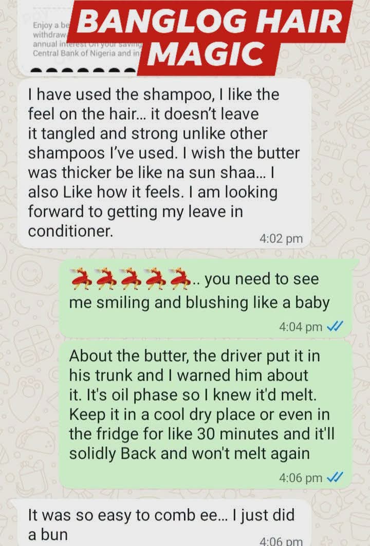 WhatsApp customer message screenshot: 'I have used the shampoo, I like the feel on the hair… it doesn't leave it tangled and strong unlike other shampoos' — sent to BANGLOG HAIR MAGIC