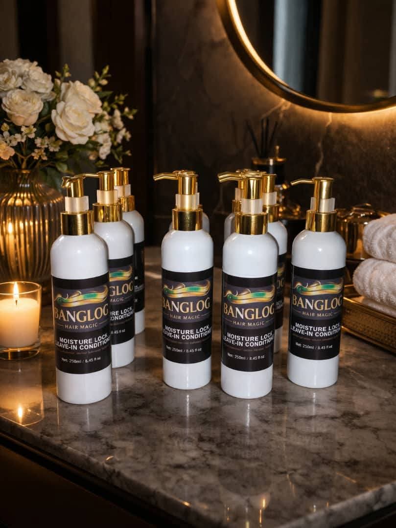 BANGLOG HAIR MAGIC Moisture Lock Leave-In Conditioner 250ml — white and gold pump bottles in luxury bathroom setting with candles and flowers