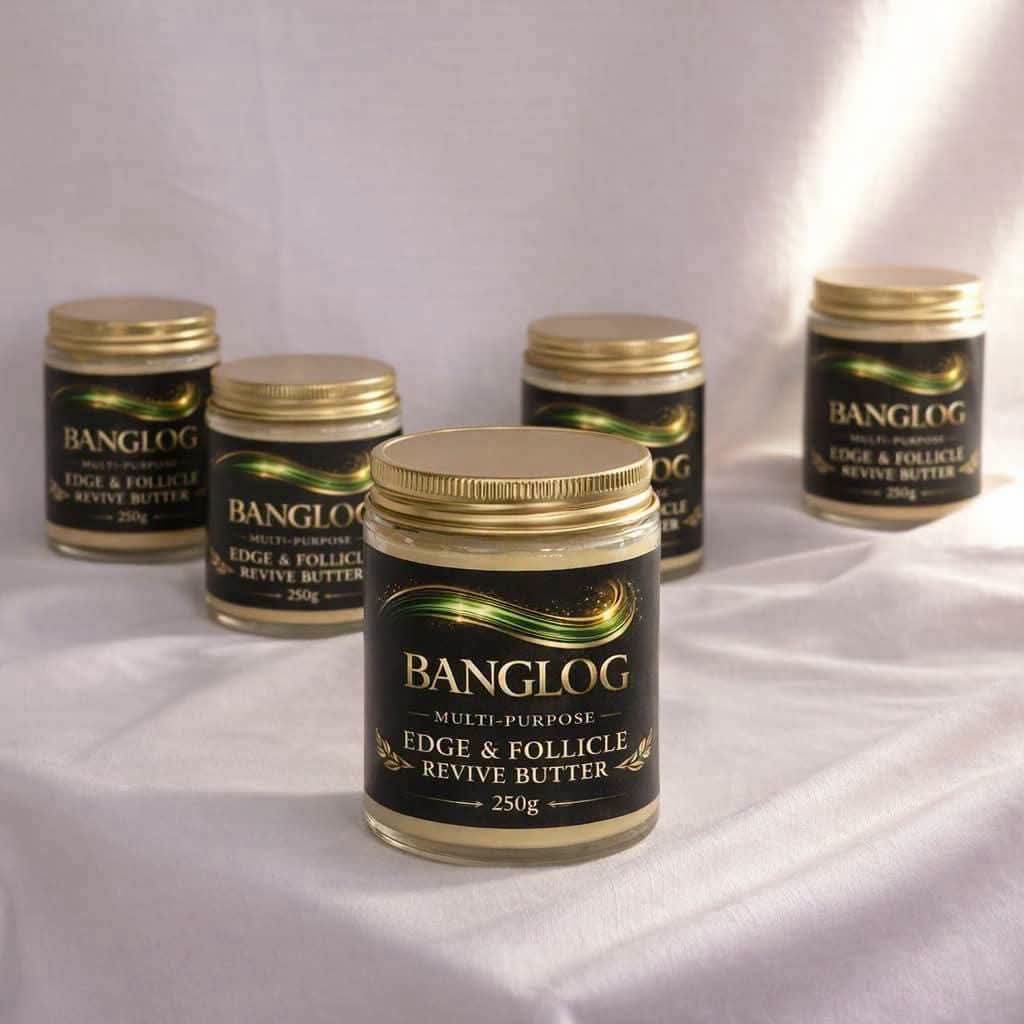 BANGLOG HAIR MAGIC Edge and Follicle Revive Butter jars displayed elegantly on white fabric